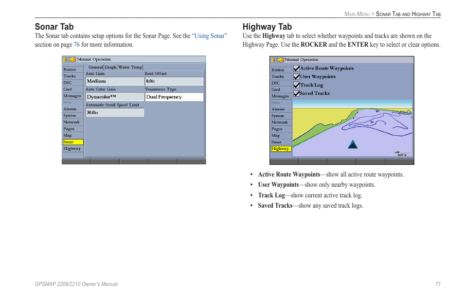 Sonar tab, Highway tab | Garmin GPSMAP 2210 User Manual | Page 79 / 106