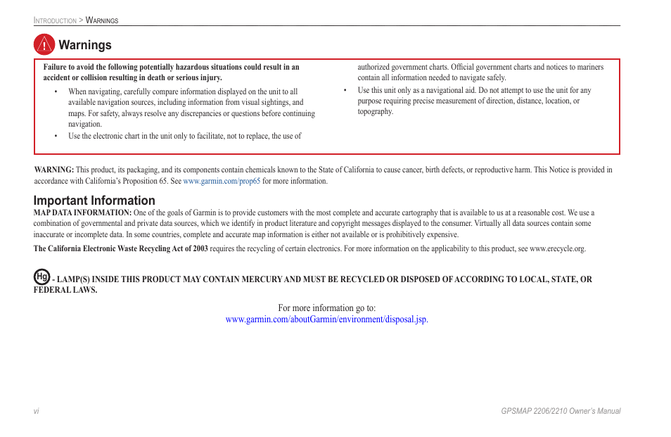 Warning, Caution, Warnings important information | Garmin GPSMAP 2210 User Manual | Page 8 / 106