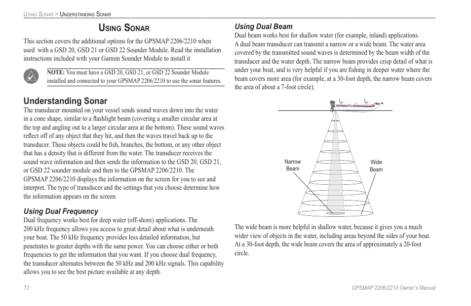 Using sonar, Understanding sonar, Using dual frequency | Using dual beam, For more information | Garmin GPSMAP 2210 User Manual | Page 80 / 106