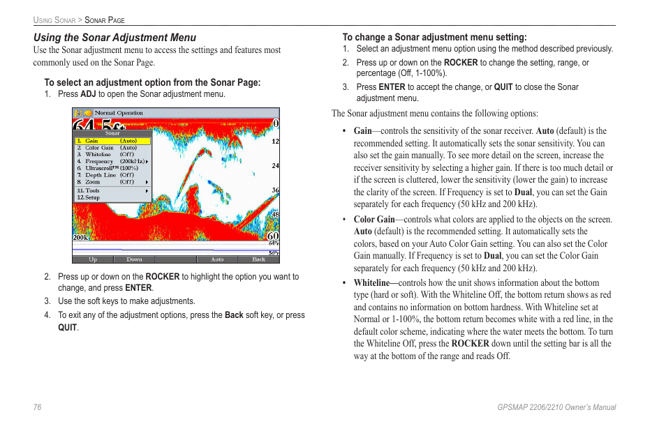 Using the sonar adjustment menu | Garmin GPSMAP 2210 User Manual | Page 84 / 106