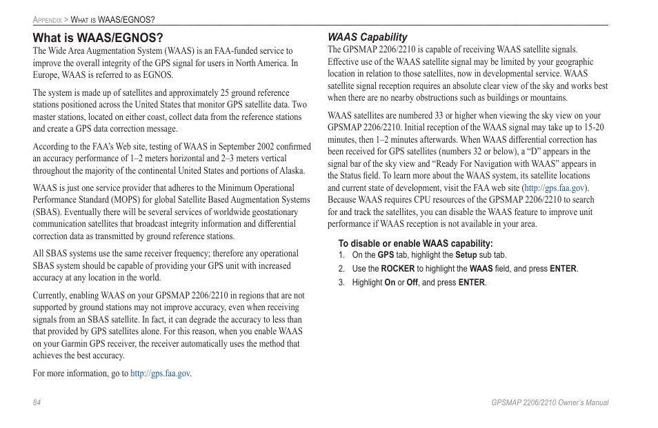 What is waas/egnos, Waas capability | Garmin GPSMAP 2210 User Manual | Page 92 / 106