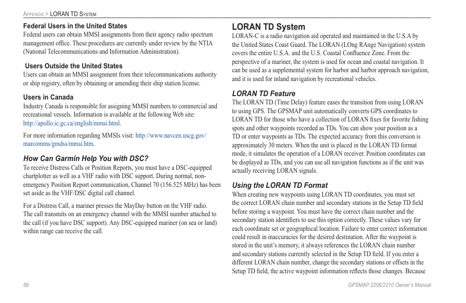 Loran td system | Garmin GPSMAP 2210 User Manual | Page 94 / 106