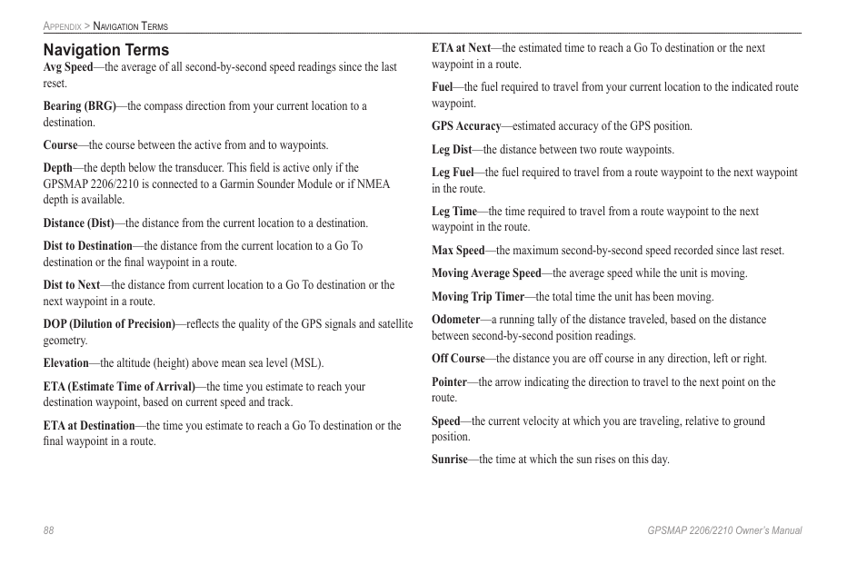 Navigation terms | Garmin GPSMAP 2210 User Manual | Page 96 / 106