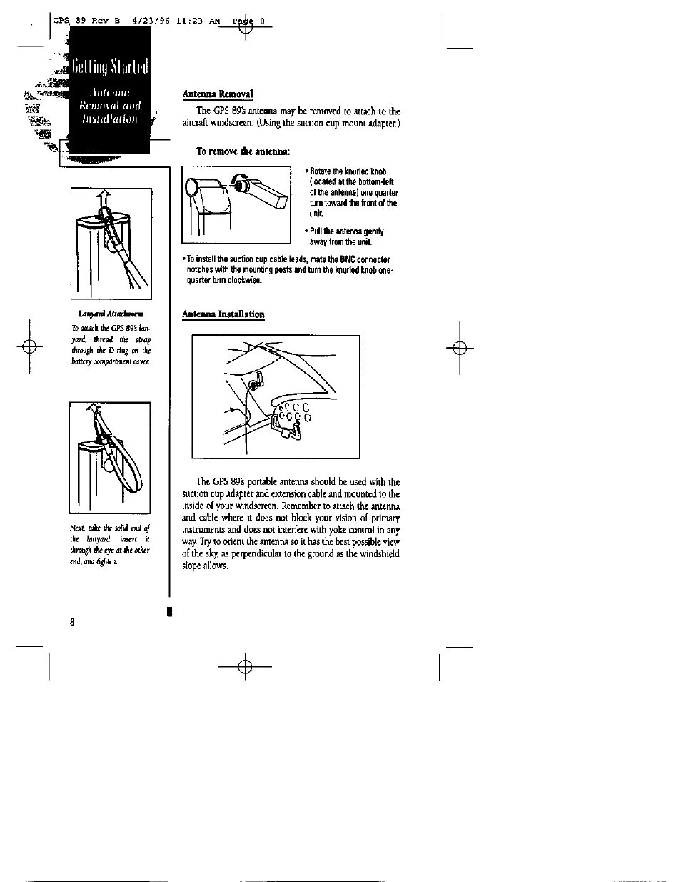 Anttnna removal, To icmove the antetma, Antama imtallation | Garmin GPS 89 User Manual | Page 12 / 68