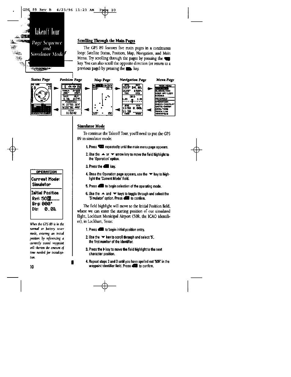 Scrolling throttgh the main pages, Simulator mode | Garmin GPS 89 User Manual | Page 14 / 68