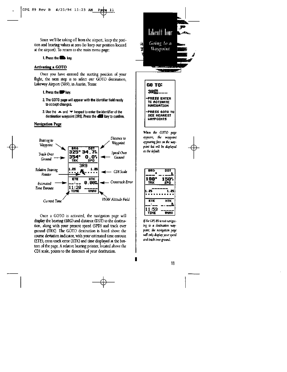 Actfvating a goto, 53 nil, Navigation page | Garmin GPS 89 User Manual | Page 15 / 68