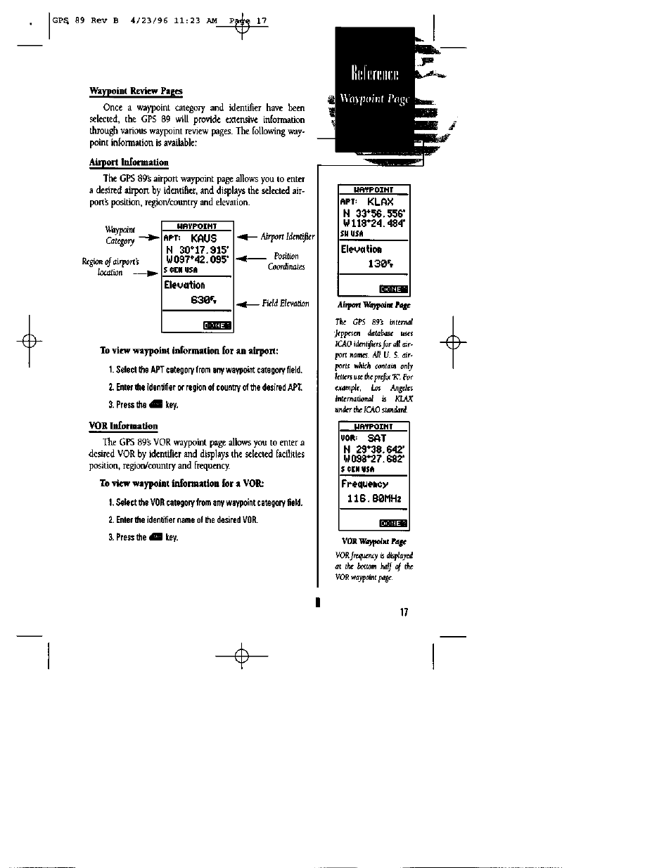 T№typoii»t review pagts, Airport informatioii, To view waypoint information for an airport | Voh information, Elevation | Garmin GPS 89 User Manual | Page 21 / 68