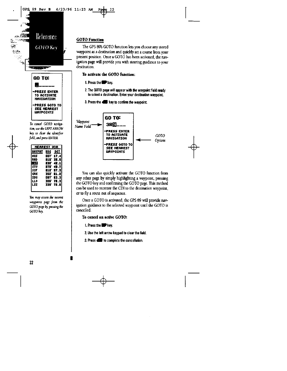 Goto function, To activate the goto binction, Goiokn | Garmin GPS 89 User Manual | Page 26 / 68