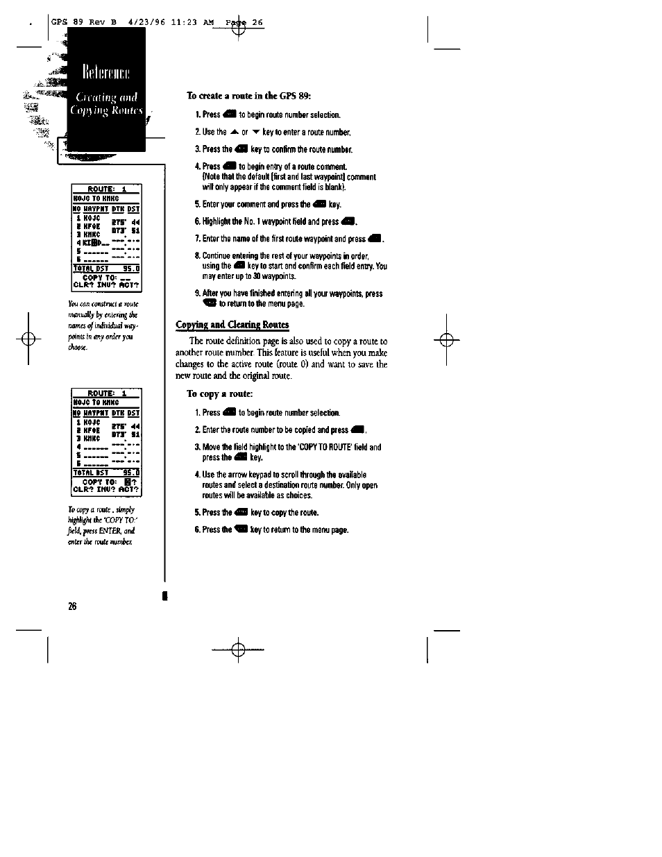 Okifflp, Copying and aearimi routes | Garmin GPS 89 User Manual | Page 30 / 68