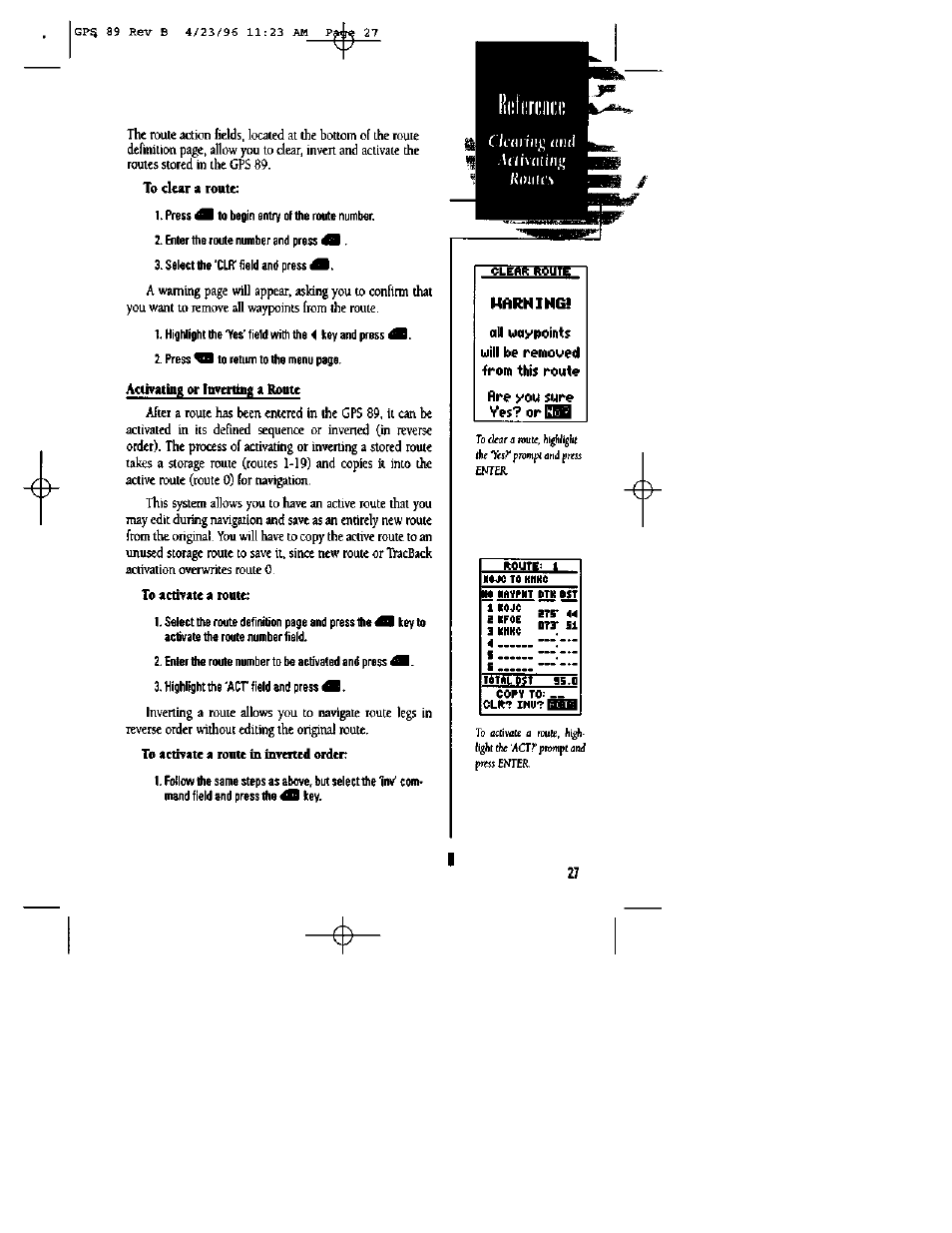 To activate a ronte, To activate a route in inverted order, Copy | Harhihm | Garmin GPS 89 User Manual | Page 31 / 68