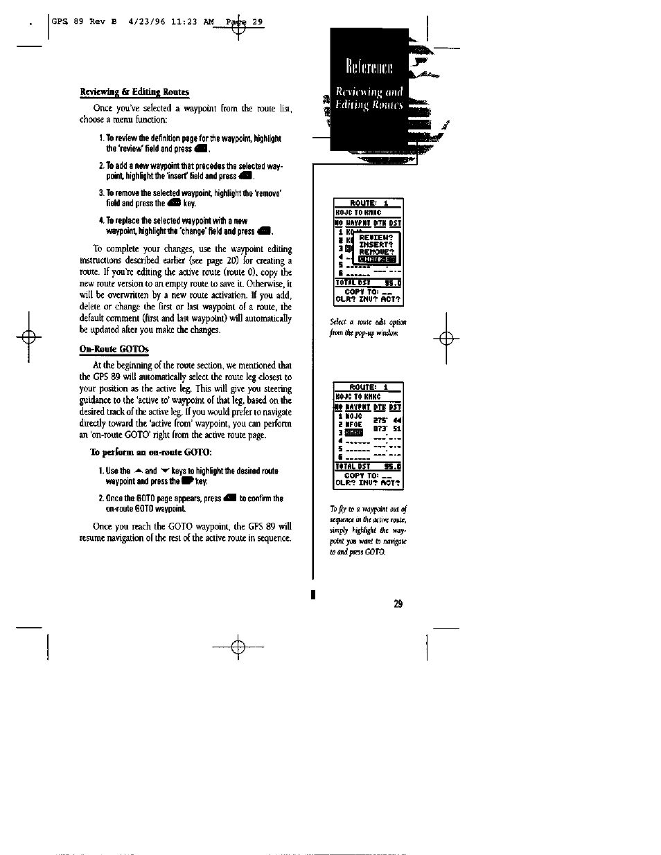 Totat esi, Hoae to кнке, Тетш pst | Revtcwing & editing rontcs, On-roulc gotos | Garmin GPS 89 User Manual | Page 33 / 68