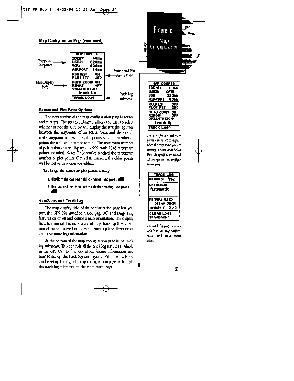 Track up, Roblts and plot podnt options, Trclok up | Flutomatic, So of 2048 points < 2x3, Map configuration page (contiaiicd), Attlozooin and track log | Garmin GPS 89 User Manual | Page 41 / 68