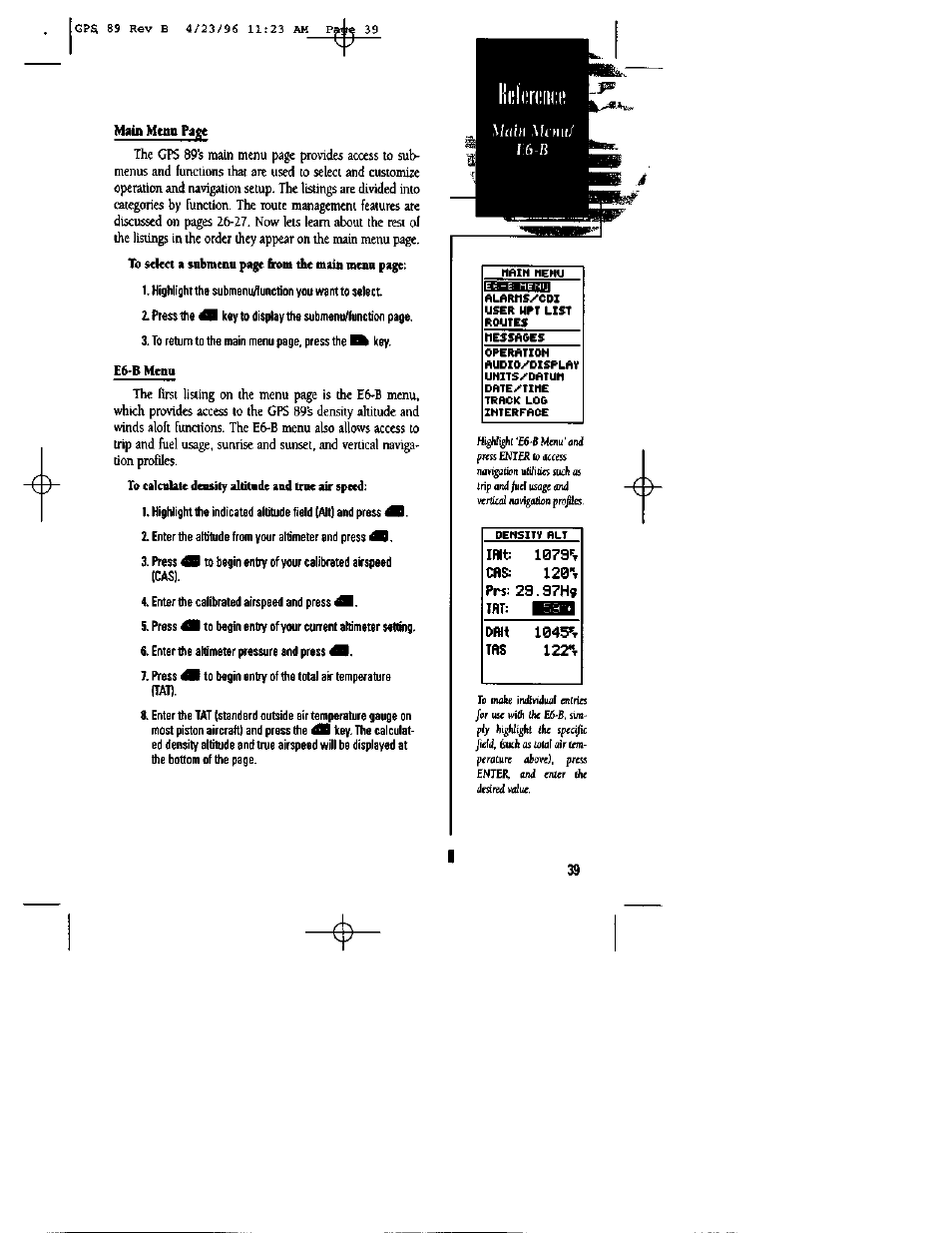 Main mtnit раде, E6-b menu | Garmin GPS 89 User Manual | Page 43 / 68