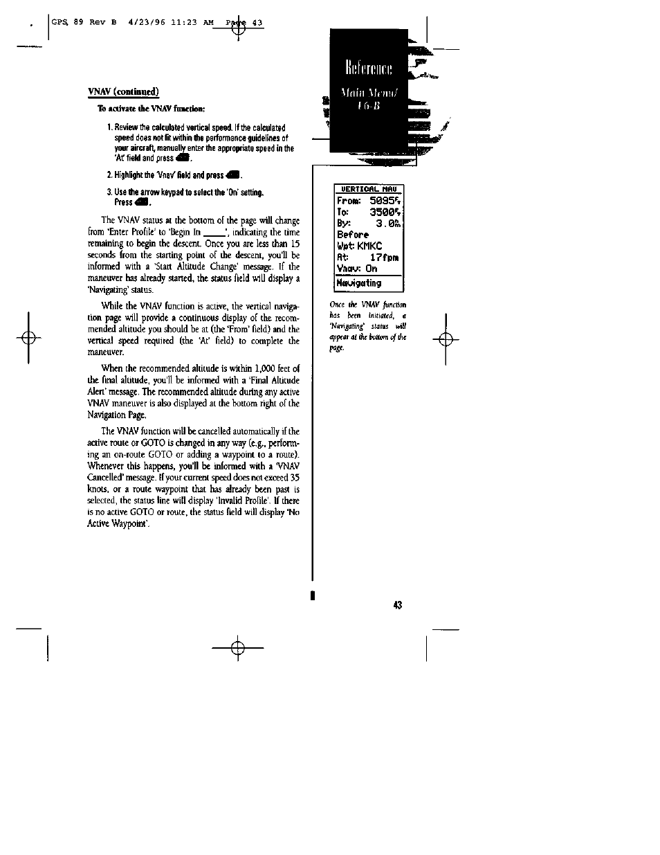 Vnav (comliniicd), Befor* wpt kmkc fit, Fpm vftov: on hoyigating | By; 3.0b | Garmin GPS 89 User Manual | Page 47 / 68