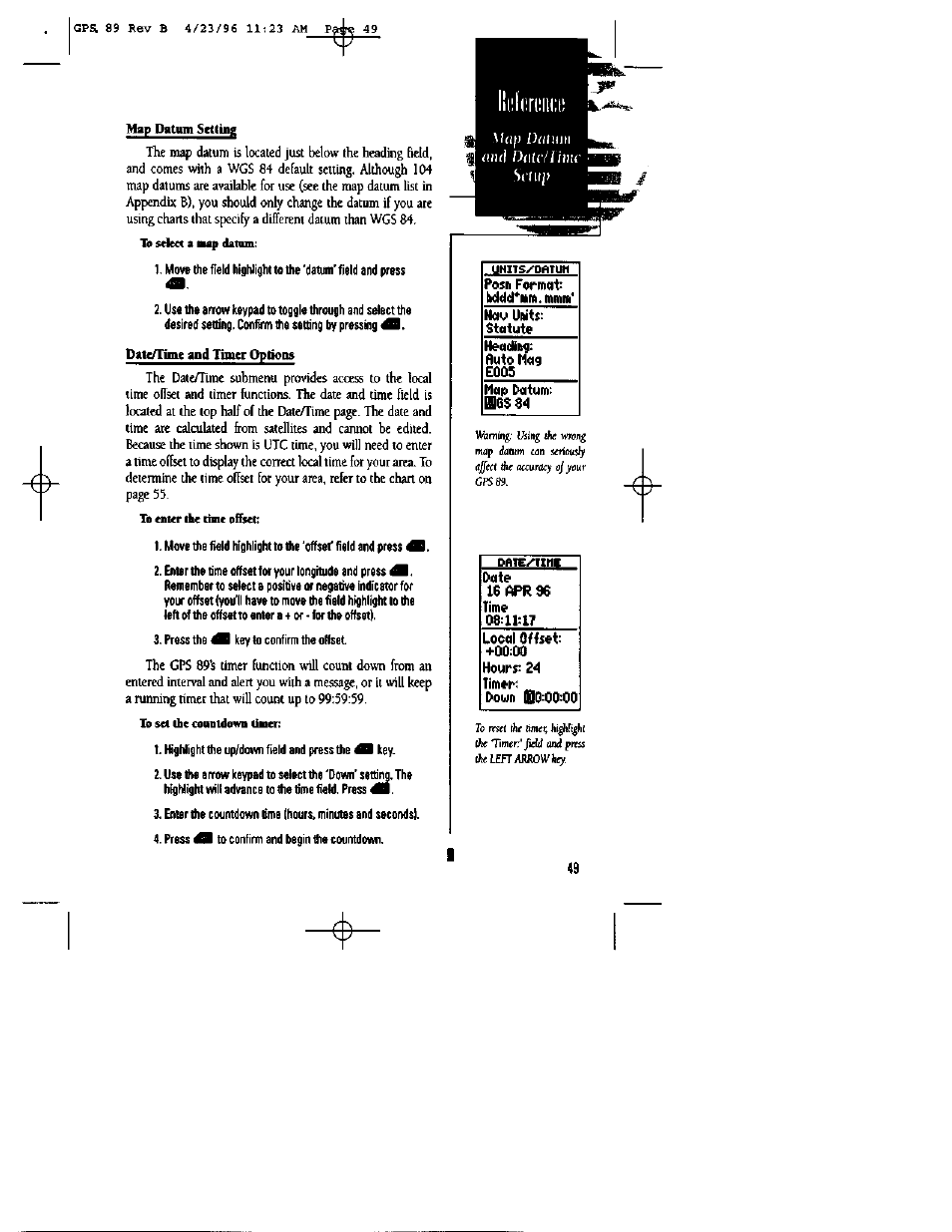 Dattftime and timer options, Date | Garmin GPS 89 User Manual | Page 53 / 68