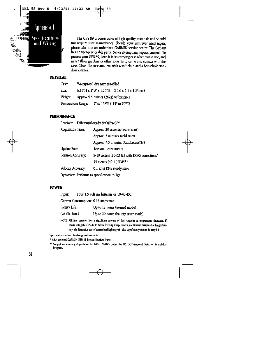 Physical, Rarfokmana, Power | Garmin GPS 89 User Manual | Page 62 / 68