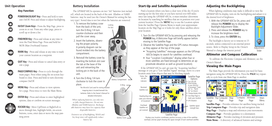 Start-up and satellite acquisition, Unit operation, Battery installation | Adjusting the backlighting, Viewing the main pages, Altimeter and compass calibration | Garmin GPSMAP 60CSx User Manual | Page 2 / 2