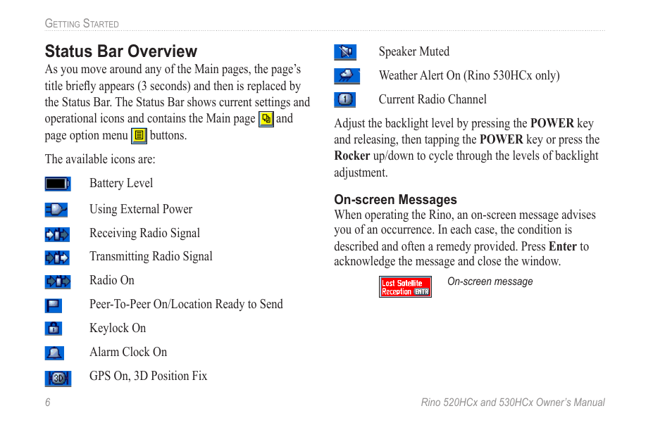 Status bar overview | Garmin RINO 530HCx User Manual | Page 12 / 74