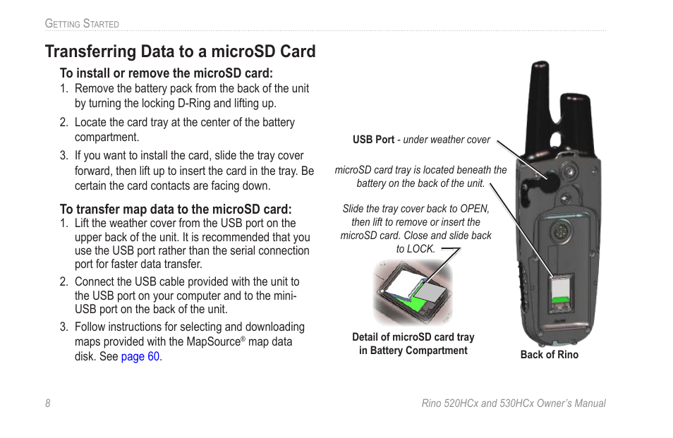 Transferring data to a microsd card | Garmin RINO 530HCx User Manual | Page 14 / 74