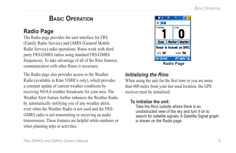 Basic operation, Radio page | Garmin RINO 530HCx User Manual | Page 15 / 74
