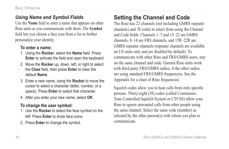 Setting the channel and code | Garmin RINO 530HCx User Manual | Page 16 / 74