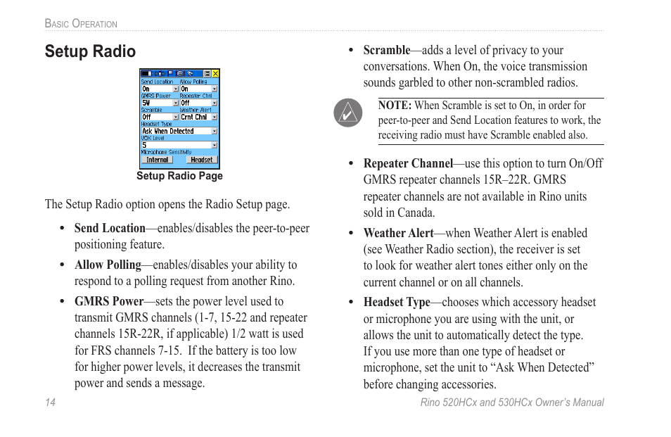 Setup radio | Garmin RINO 530HCx User Manual | Page 20 / 74