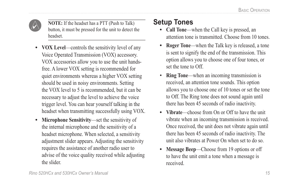 Setup tones | Garmin RINO 530HCx User Manual | Page 21 / 74