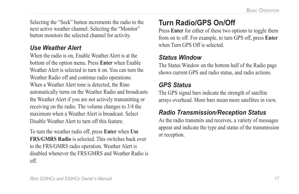 Turn radio/gps on/off | Garmin RINO 530HCx User Manual | Page 23 / 74