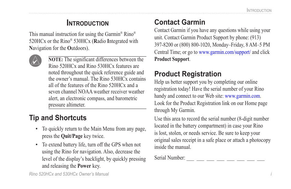 Introduction, Contact garmin, Product registration | Tip and shortcuts | Garmin RINO 530HCx User Manual | Page 3 / 74