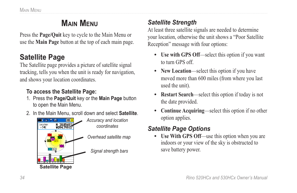 Main menu, Satellite page | Garmin RINO 530HCx User Manual | Page 40 / 74