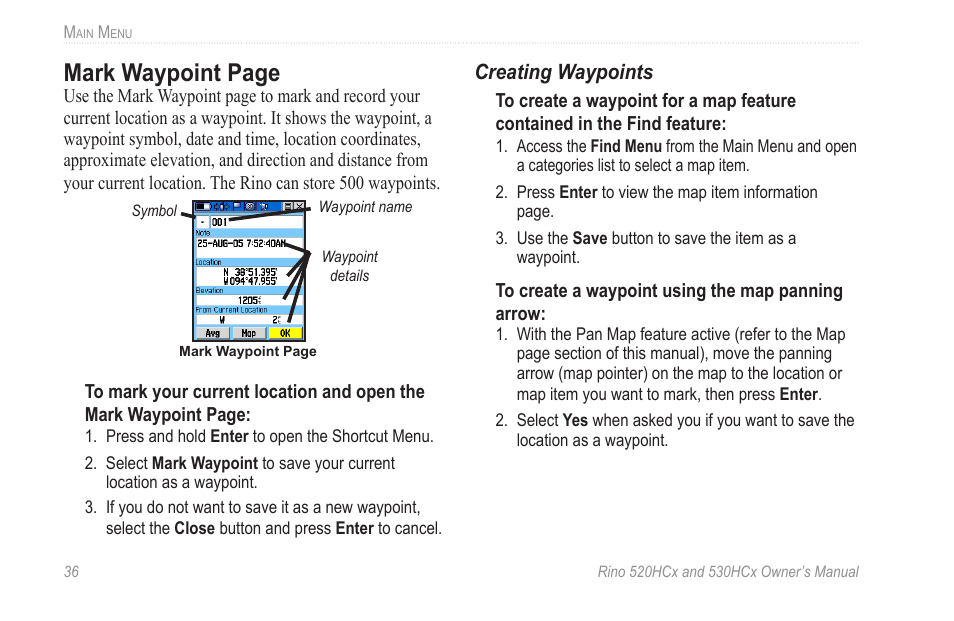 Mark waypoint page | Garmin RINO 530HCx User Manual | Page 42 / 74