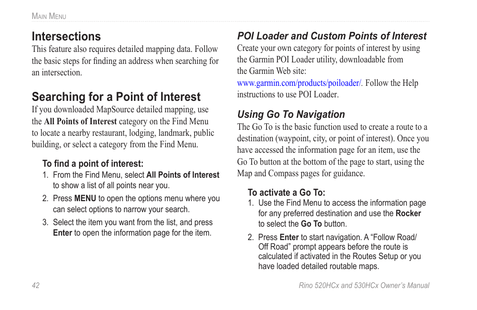 Intersections, Searching for a point of interest | Garmin RINO 530HCx User Manual | Page 48 / 74