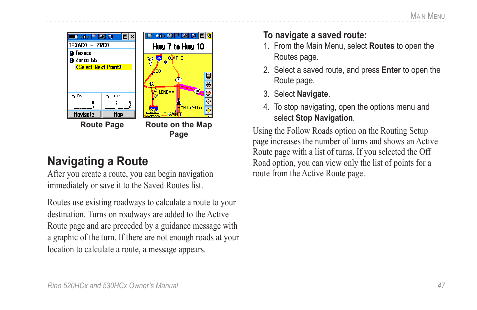 Navigating a route | Garmin RINO 530HCx User Manual | Page 53 / 74