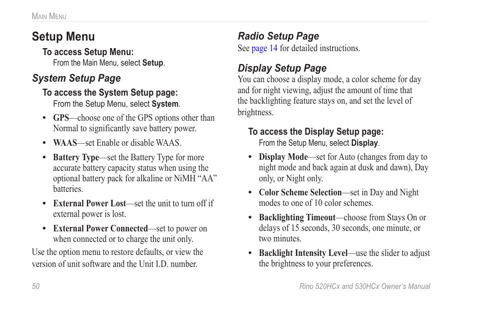 Setup menu | Garmin RINO 530HCx User Manual | Page 56 / 74