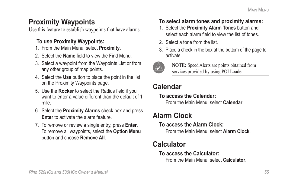 Proximity waypoints, Calendar, Alarm clock | Calculator | Garmin RINO 530HCx User Manual | Page 61 / 74