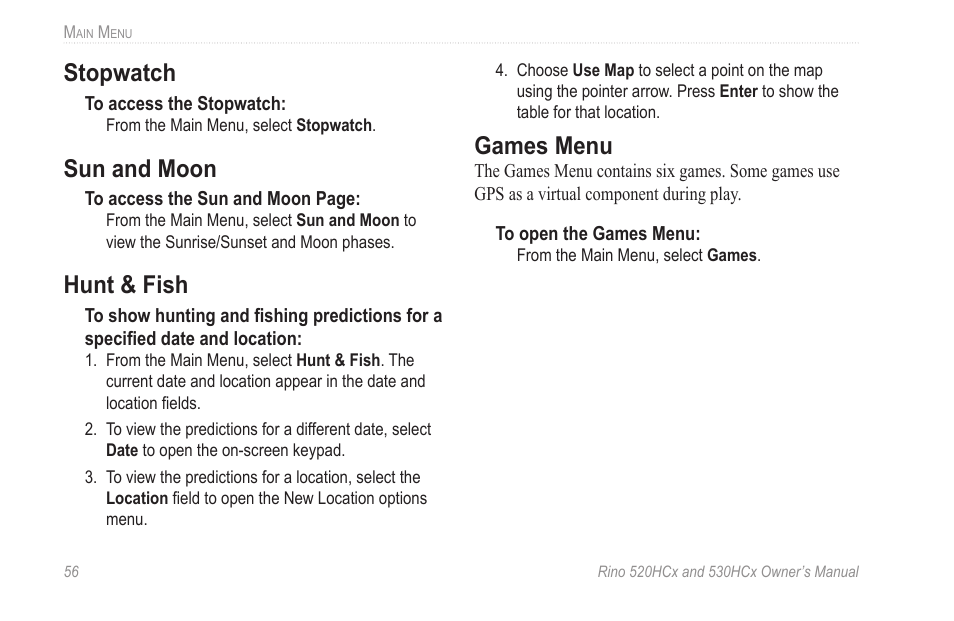 Stopwatch, Sun and moon, Hunt & fish | Games menu | Garmin RINO 530HCx User Manual | Page 62 / 74