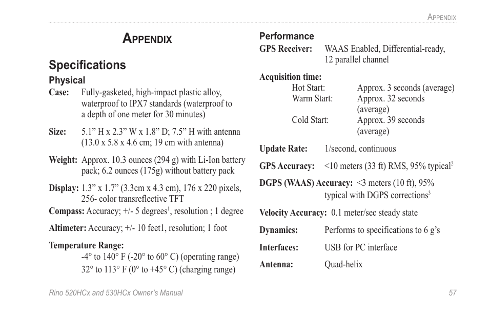 Appendix, Specifications | Garmin RINO 530HCx User Manual | Page 63 / 74