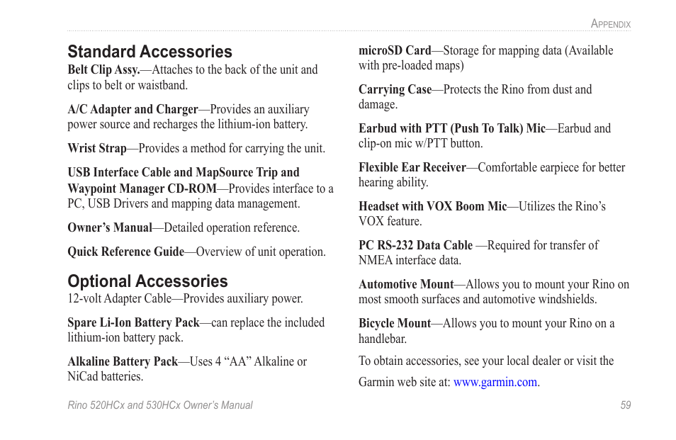 Standard accessories, Optional accessories | Garmin RINO 530HCx User Manual | Page 65 / 74