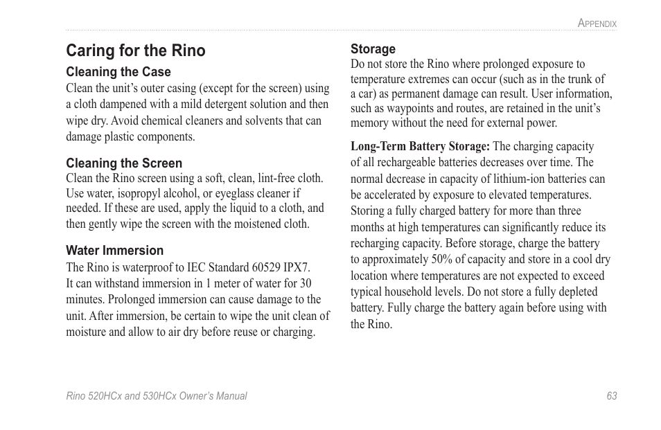 Caring for the rino | Garmin RINO 530HCx User Manual | Page 69 / 74