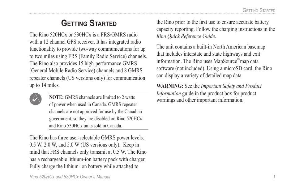 Getting started | Garmin RINO 530HCx User Manual | Page 7 / 74