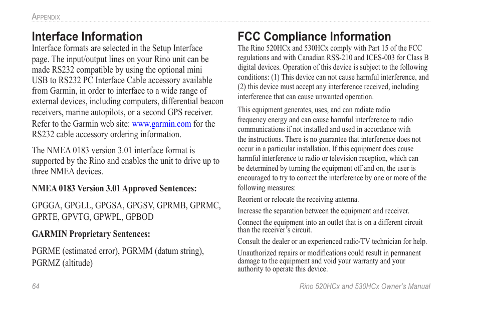 Interface information, Fcc compliance information | Garmin RINO 530HCx User Manual | Page 70 / 74