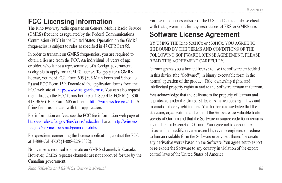 Fcc licensing information, Software license agreement | Garmin RINO 530HCx User Manual | Page 71 / 74