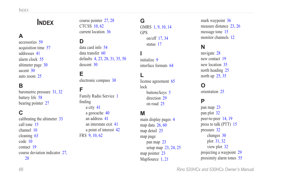 Index, Ndex | Garmin RINO 530HCx User Manual | Page 72 / 74