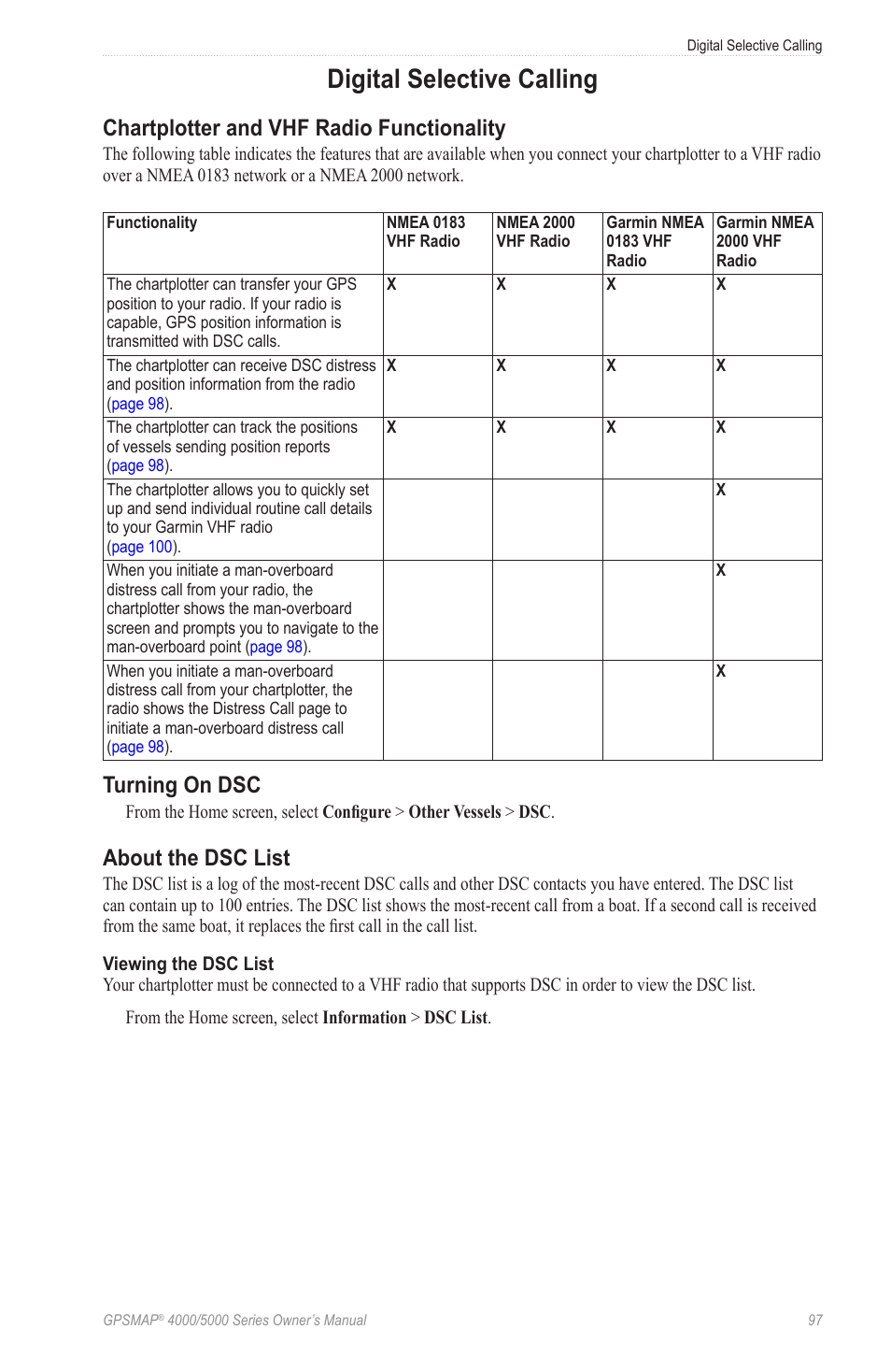 Digital selective calling, Chartplotter and vhf radio functionality, Turning on dsc | About the dsc list | Garmin GPSMAP 5215 User Manual | Page 101 / 116