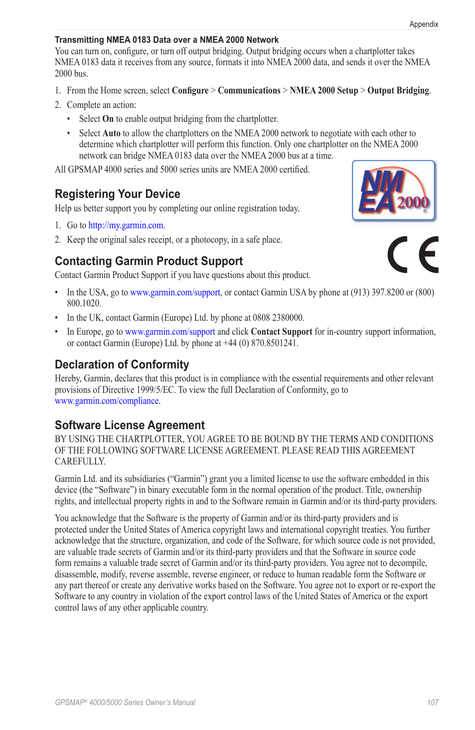 Registering your device, Contacting garmin product support, Declaration of conformity | Software license agreement | Garmin GPSMAP 5215 User Manual | Page 111 / 116