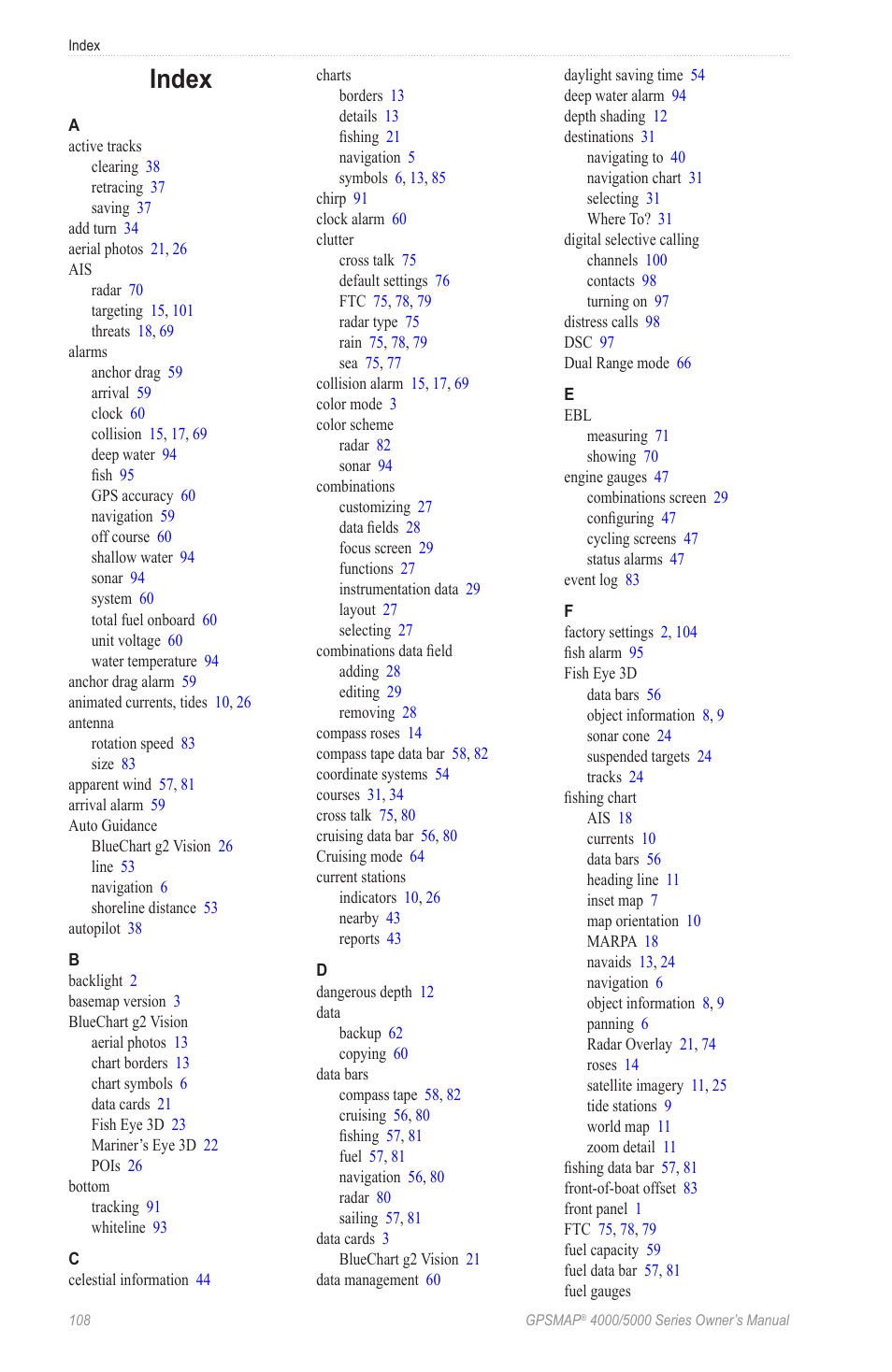 Index | Garmin GPSMAP 5215 User Manual | Page 112 / 116