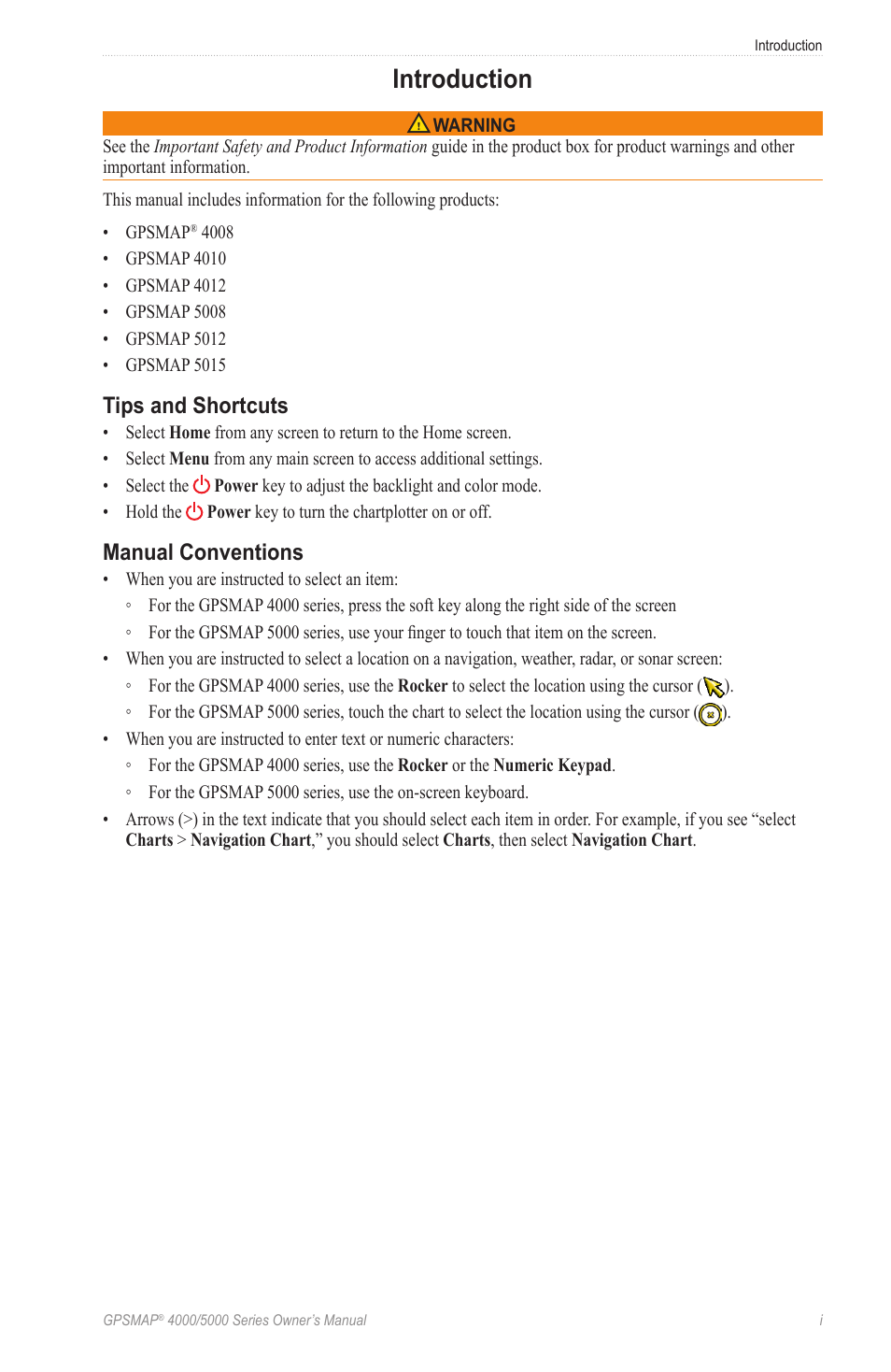 Introduction, Tips and shortcuts, Manual conventions | Garmin GPSMAP 5215 User Manual | Page 3 / 116