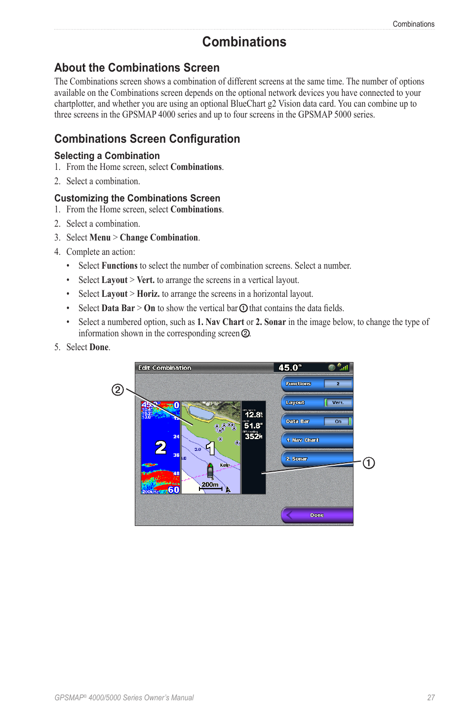 Combinations, About the combinations screen, Combinations screen configuration | Garmin GPSMAP 5215 User Manual | Page 31 / 116