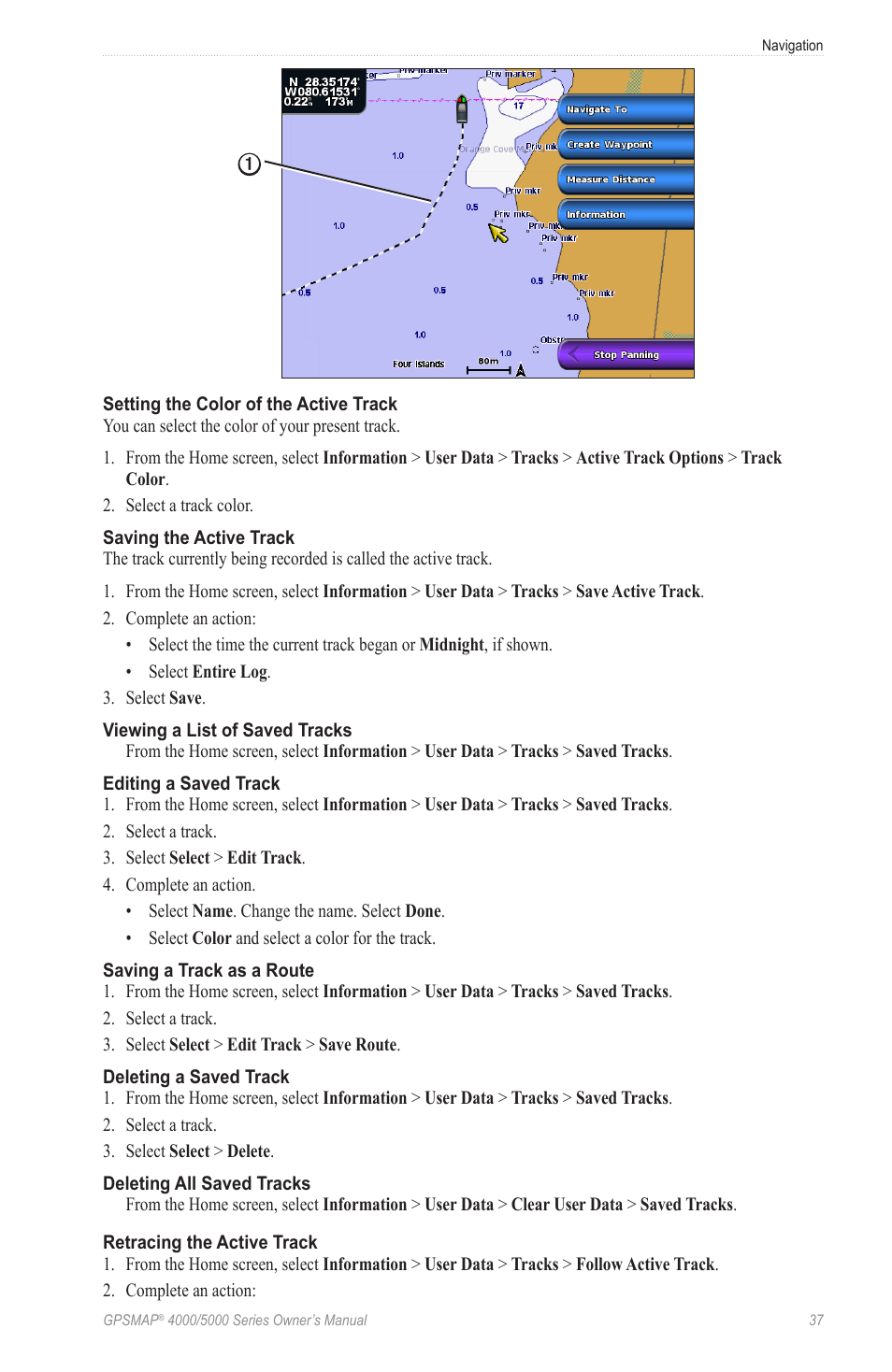 Ou can specify the color of tracks, And then show or hide all tracks of that color | Garmin GPSMAP 5215 User Manual | Page 41 / 116