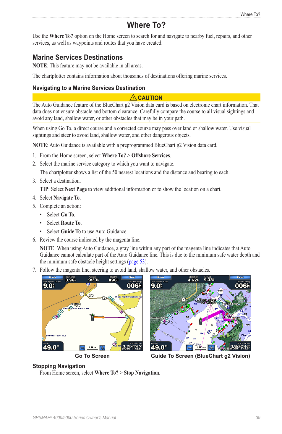 Where to, Marine services destinations, Provides navigation features | Garmin GPSMAP 5215 User Manual | Page 43 / 116